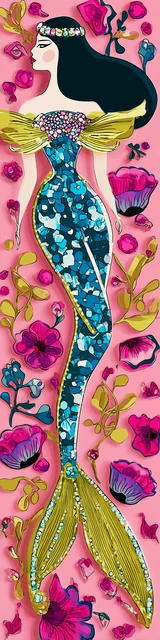 Free mermaid bookmark with flowers on a pink background